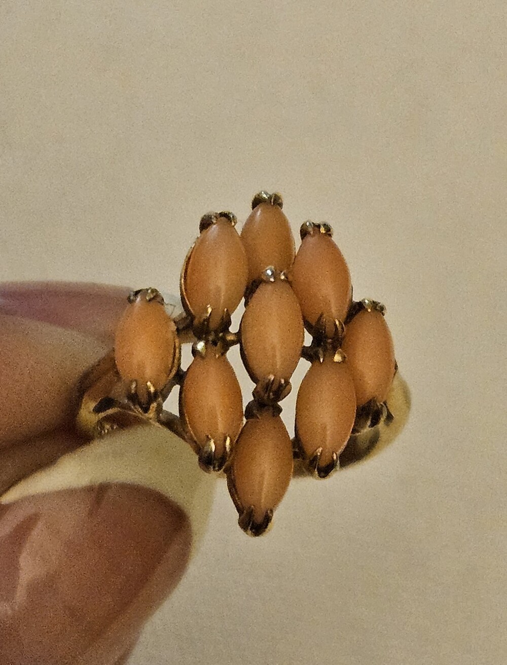 Gold-Tone Ring with Coral Orange Marquise Cabochons